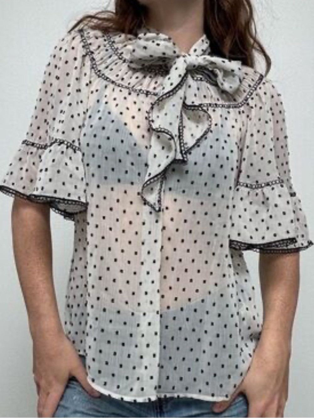 Max Studio White Sheer Polka Dot Bow-Neck Blouse